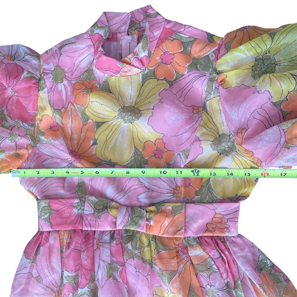 Vintage 60's  Floral Maxi Dress Pink Orange Yellow Puff Sleeve‎ Boho Mod Garden - Picture 4 of 10